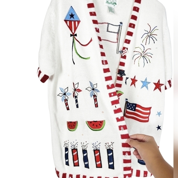NWOT VTG Quacker Factory embroidered beaded patriotic cardigan sweater America - Picture 2 of 9